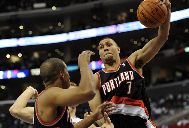 LOS ANGELES, CA - OCTOBER 27:  Brandon Roy #7 of the Portland Trail Blazers grabs a rebound against the Los Angeles Clippers during the first half at Staples Center on October 27, 2010 in Los Angeles, California. NOTE TO USER: User expressly acknowledges and agrees that, by downloading and or using this photograph, User is consenting to the terms and conditions of the Getty Images License Agreement.  (Photo by Harry How/Getty Images)