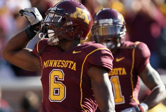 MINNEAPOLIS - SEPTEMBER 18:  Da'Jon McKnight #6 of the Minnesota Golden Gophers celebrates after catching a pass for a touchdown during the game against the USC Trojans on September 18, 2010 at TCF Bank Stadium in Minneapolis, Minnesota.  (Photo by Jamie Squire/Getty Images)