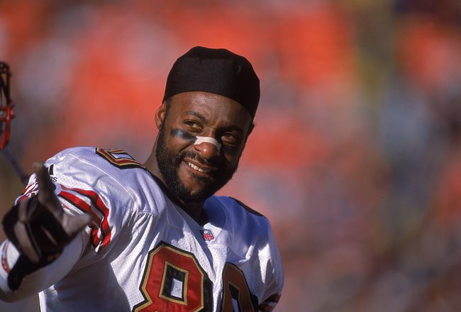 23 Dec 2000:  A close up of Jerry Rice #80 of the San Francisco 49ers as he looks on while playing his last game as a 49er during the game against the Denver Broncos at the Mile High Stadium in Denver, Colorado. The Broncos defeated the 49ers 38-9. Mandatory Credit: Harry How  /Allsport