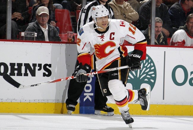 DETROIT - OCTOBER 21:  Jarome Iginla #12 of the Calgary Flames skates during a game against the Detroit Red Wings on October 21, 2010 at the Joe Louis Arena in Detroit, Michigan.  (Photo by Gregory Shamus/Getty Images)