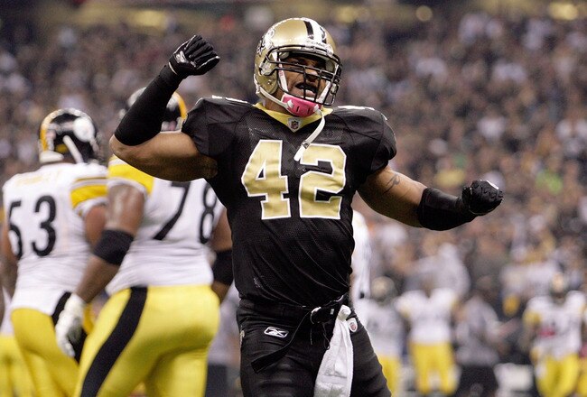NEW ORLEANS - OCTOBER 31: Darren Sharper #42 of the New Orleans Saints celebrates a play against the Pittsburgh Steelers at the Louisiana Superdome on October 31, 2010 in New Orleans, Louisiana. (Photo by Matthew Sharpe/Getty Images)