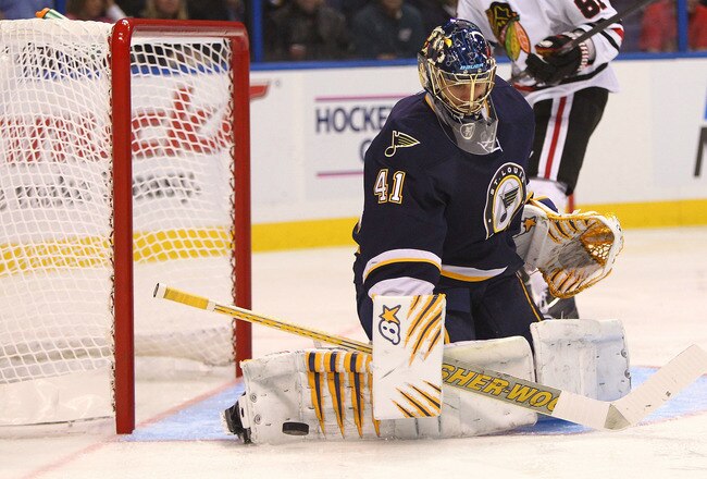 ST. LOUIS - OCTOBER 22: Jaroslav Halak #41 of the St. Louis Blues makes a save against the Chicago Blackhawks at the Scottrade Center on October 22, 2010 in St. Louis, Missouri.  (Photo by Dilip Vishwanat/Getty Images)