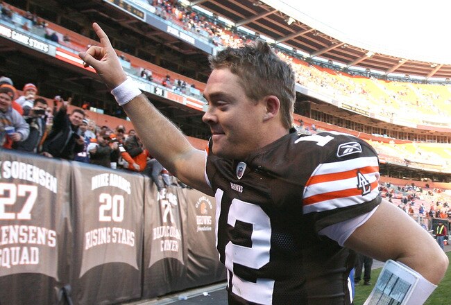 CLEVELAND - NOVEMBER 07:  Quarterback Colt McCoy #12 of the Cleveland Browns leaves the field after their victory over the New England Patriots at Cleveland Browns Stadium on November 7, 2010 in Cleveland, Ohio.  (Photo by Matt Sullivan/Getty Images)