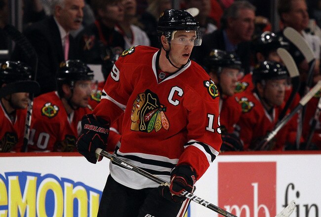 CHICAGO - NOVEMBER 03: Jonathan Toews #19 of the Chicago Blackhawks skates against the New Jersey Devils at the United Center on November 3, 2010 in Chicago, Illinois. The Devils defeated the Blackhawks 5-3. (Photo by Jonathan Daniel/Getty Images)