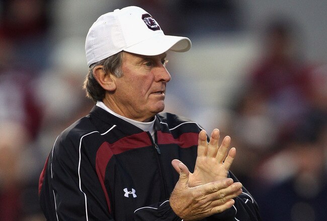 COLUMBIA, SC - NOVEMBER 06:  Head coach Steve Spurrier of the South Carolina Gamecocks cheers on his team during warm ups before the start of their game against the Arkansas Razorbacks at Williams-Brice Stadium on November 6, 2010 in Columbia, South Carolina.  (Photo by Streeter Lecka/Getty Images)