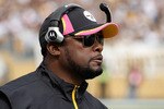 PITTSBURGH - OCTOBER 03: Head Coach Mike Tomlin of the Pittsburgh Steelers looks on during the game against the Baltimore Ravens on October 3, 2010 at Heinz Field in Pittsburgh, Pennsylvania. (Photo by Gregory Shamus/Getty Images)