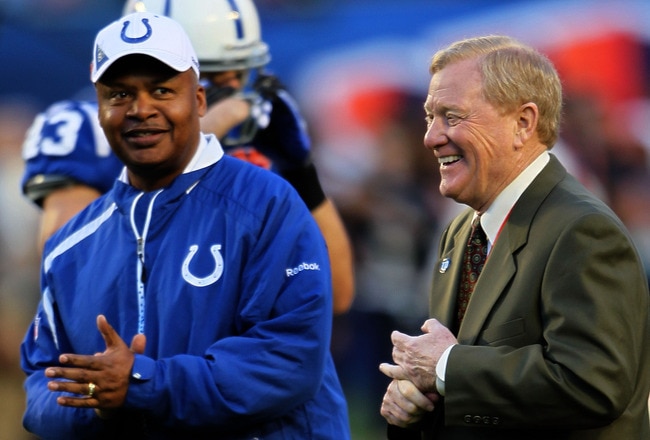 MIAMI GARDENS, FL - FEBRUARY 07:  Head Coach Jim Caldwell (L) of the Indianapolis Colts stands on the field during warm ups with President of the Indianapolis Colts Bill Polian prior to Super Bowl XLIV against the New Orleans Saints on February 7, 2010 at Sun Life Stadium in Miami Gardens, Florida.  (Photo by Andy Lyons/Getty Images)