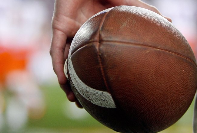 GLENDALE, AZ - JANUARY 04:  A detailed picture of a football during the Fiesta Bowl between the Boise State Broncos and the TCU Horned Frogs at the Universtity of Phoenix Stadium on January 4, 2010 in Glendale, Arizona.  (Photo by Christian Petersen/Getty Images)