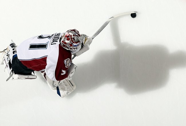 UNIONDALE, NY - OCTOBER 16:  Peter Budaj #31of the Colorado Avalanche warms up before playing against the New York Islanders on October 16, 2010 at Nassau Coliseum in Uniondale, New York.  (Photo by Jim McIsaac/Getty Images)