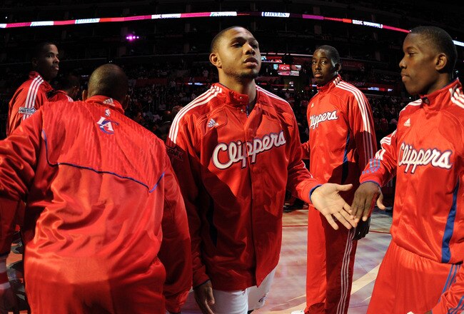 LOS ANGELES, CA - OCTOBER 27:  Eric Gordon #10 of the Los Angeles Clippers is introduced to the crowd before the game between the Portland Trail Blazers at Staples Center on October 27, 2010 in Los Angeles, California. NOTE TO USER: User expressly acknowledges and agrees that, by downloading and or using this photograph, User is consenting to the terms and conditions of the Getty Images License Agreement.  (Photo by Harry How/Getty Images)