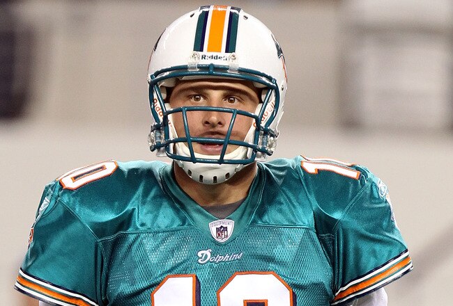 ARLINGTON, TX - SEPTEMBER 02:  Quarterback Chad  Pennington #10 of the Miami Dolphins walks off the field against the Dallas Cowboys during a preseason game at Cowboys Stadium on September 2, 2010 in Arlington, Texas.  (Photo by Ronald Martinez/Getty Images)