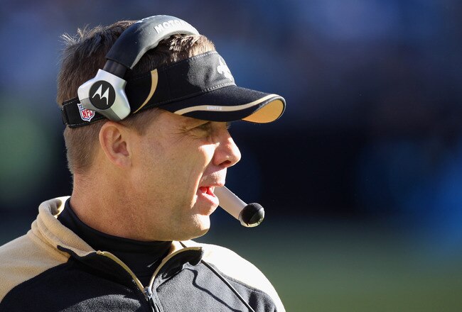 CHARLOTTE, NC - NOVEMBER 07:  Head coach Sean Payton of the New Orleans Saints yells to his team against the Carolina Panthers during their game at Bank of America Stadium on November 7, 2010 in Charlotte, North Carolina.  (Photo by Streeter Lecka/Getty Images)