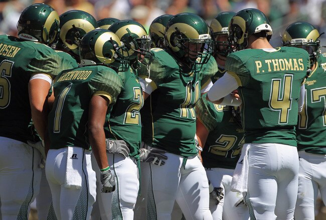 DENVER - SEPTEMBER 04:  Quarterback Pete Thomas #4 of the Colorado State Rams runs the huddle against the Colorado Buffaloes during the Rocky Mountain Showdown at INVESCO Field at Mile High on September 4, 2010 in Denver, Colorado. Colorado was awarded the Centenial Trophy after they defeated Colorado State 24-3.  (Photo by Doug Pensinger/Getty Images)