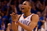 OKLAHOMA CITY - APRIL 22: Russell Westbrook #0 of the Oklahoma City Thunder celebrates a victory over the Los Angeles Lakers during Game Three of the Western Conference Quarterfinals of the 2010 NBA Playoffs on April 22, 2010 at the Ford Center in Oklahoma City, Oklahoma.  NOTE TO USER: User expressly acknowledges and agrees that, by downloading and or using this photograph, User is consenting to the terms and conditions of the Getty Images License Agreement.  (Photo by Dilip Vishwanat/Getty Images)