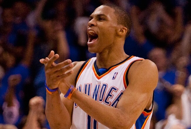 OKLAHOMA CITY - APRIL 22: Russell Westbrook #0 of the Oklahoma City Thunder celebrates a victory over the Los Angeles Lakers during Game Three of the Western Conference Quarterfinals of the 2010 NBA Playoffs on April 22, 2010 at the Ford Center in Oklahoma City, Oklahoma.  NOTE TO USER: User expressly acknowledges and agrees that, by downloading and or using this photograph, User is consenting to the terms and conditions of the Getty Images License Agreement.  (Photo by Dilip Vishwanat/Getty Images)