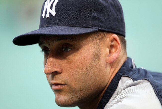 ARLINGTON, TX - OCTOBER 22:  Derek Jeter #2 of the New York Yankees looks on during batting practice against the Texas Rangers in Game Six of the ALCS during the 2010 MLB Playoffs at Rangers Ballpark in Arlington on October 22, 2010 in Arlington, Texas.  (Photo by Stephen Dunn/Getty Images)