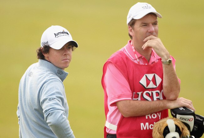 SHANGHAI, CHINA - NOVEMBER 07:  Rory McIlroy of Northern Ireland waits with his caddie JP Fitzgerald on the first hole during the final round of the WGC- HSBC Champions at Sheshan International Golf Club on November 7, 2010 in Shanghai, China.  (Photo by Andrew Redington/Getty Images)