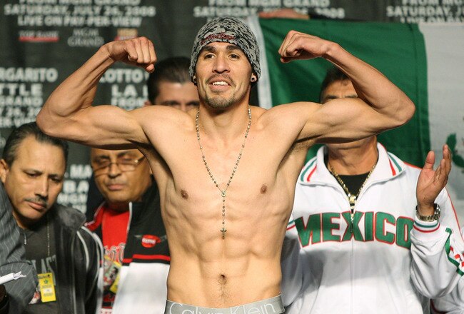 LAS VEGAS - JULY 25:  Antonio Margarito of Mexico poses during the official weigh-in for his fight against Miguel Cotto of Puerto Rico at the MGM Grand Garden Arena July 25, 2008 in Las Vegas, Nevada. Margarito will fight for Cotto's WBA welterweight title on July 26.  (Photo by Ethan Miller/Getty Images)
