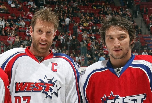 MONTREAL - JANUARY 25:  (L-R) Vincent Lecavalier #4 of the Eastern Conference All-Stars, Joe Thornton #97 of the Western Conference All-Stars and Alexander Ovechkin #8 of the Eastern Conference All-Stars pose for a photo prior to the 2009 NHL All-Star game at the Bell Centre on January 25, 2009 in Montreal, Canada. (Photo by Dave Sandford/Getty Images)
