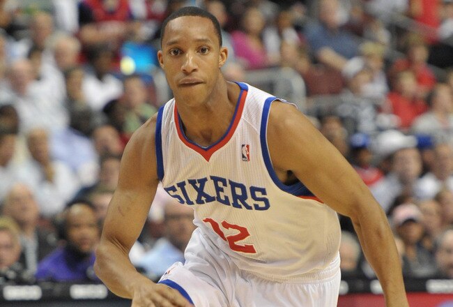 PHILADELPHIA - OCTOBER 27: Evan Turner #12 of the Philadelphia 76ers in action during the game against the Miami Heat at the Wells Fargo Center on October 27, 2010 in Philadelphia, Pennsylvania. NOTE TO USER: User expressly acknowledges and agrees that, by downloading and or using this photograph, User is consenting to the terms and conditions of the Getty Images License Agreement. (Photo by Drew Hallowell/Getty Images)