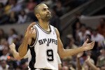 SAN ANTONIO - MAY 09:  Guard Tony Parker #9 of the San Antonio Spurs reacts during a 107-101 loss against the Phoenix Suns in Game Four of the Western Conference Semifinals during the 2010 NBA Playoffs at AT&T Center on May 9, 2010 in San Antonio, Texas.  The Suns won the series 4-0.  NOTE TO USER: User expressly acknowledges and agrees that, by downloading and or using this photograph, User is consenting to the terms and conditions of the Getty Images License Agreement.  (Photo by Ronald Martinez/Getty Images)