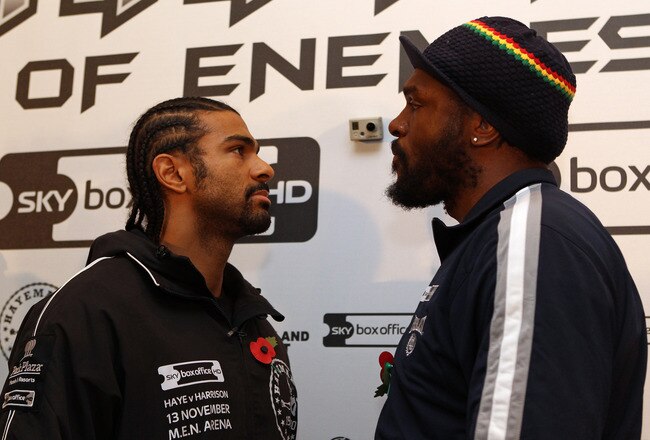 MANCHESTER, ENGLAND - NOVEMBER 10:  David Haye and Audley Harrison go head to head during a press conference ahead of their WBA Heavyweight Title fight at the Radisson Hotel on November 10, 2010 in Manchester, England.  (Photo by Alex Livesey/Getty Images)