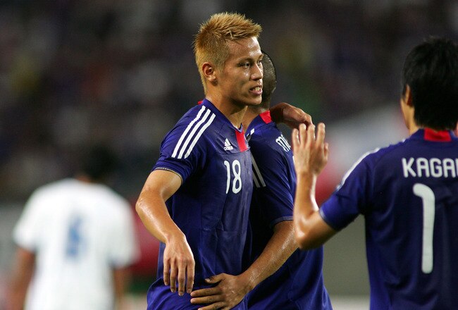 OSAKA, JAPAN - SEPTEMBER 07: Keisuke Honda of Japan celebrates during the international friendly match between Japan and Guatemala at Nagai Stadium on September 7, 2010 in Osaka, Japan. (Photo by Koji Watanabe/Getty Images)
