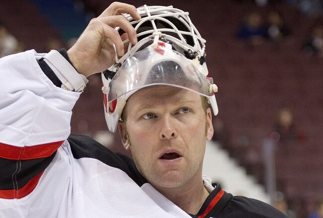 VANCOUVER, CANADA - NOVEMBER 1:  Goalie Martin Brodeur #30 of the New Jersey Devils skates towards his team bench during the pre-game warm-up prior to NHL action against the Vancouver Canucks on November 01, 2010 at Rogers Arena in Vancouver, British Columbia, Canada.  (Photo by Rich Lam/Getty Images)