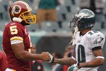 PHILADELPHIA - OCTOBER 03:  Donovan McNabb #5 of the Washington Redskins greets DeSean Jackson #10 of the Philadelphia Eagles prior to their game on October 3, 2010 at Lincoln Financial Field in Philadelphia, Pennsylvania.  (Photo by Jim McIsaac/Getty Images)
