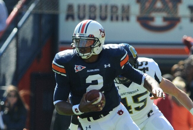 AUBURN, AL - NOVEMBER 06:  Quarterback Cam Newton #2 of the Auburn Tigers plays against the Chattanooga Mocs November 6, 2010 at Jordan-Hare Stadium in Auburn, Alabama.  (Photo by Al Messerschmidt/Getty Images)