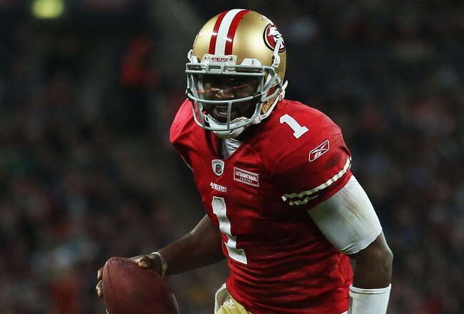 LONDON, ENGLAND - OCTOBER 31:  Troy Smith #1 of San Francisco 49ers scores their first touchdown during the NFL International Series match between Denver Broncos and San Francisco 49ers at Wembley Stadium on October 31, 2010 in London, England. This is the fourth occasion where a regular season NFL match has been played in London.  (Photo by Warren Little/Getty Images)
