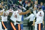 TORONTO, ON - NOVEMBER 07: Jay Cutler #6 and Olin Kreutz #57  of the Chicago Bears celebrate Earl Bennett's game winning touchdown against the Buffalo Bills  at Rogers Centre on November 7, 2010 in Toronto, Canada. Chicago won 22-19. (Photo by Rick Stewart/Getty Images)