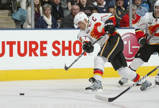 TORONTO, ON - NOVEMBER 14:  Jarome Iginla #12 of the Calgary Flames fires a shot that scores in a game against the Toronto Maple Leafs on November 14, 2009 at the Air Canada Centre in Toronto, Ontario, Canada.  (Photo by Claus Andersen/Getty Images)