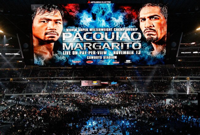 ARLINGTON, TX - NOVEMBER 13:  The giant video screen displays the main event title bout match up between Manny Pacquiao (L) of the Philippines and Antonio Margarito of Mexico prior to their WBC World Super Welterweight Title bout at Cowboys Stadium on November 13, 2010 in Arlington, Texas.  (Photo by Tom Pennington/Getty Images)