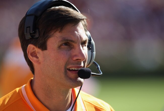 COLUMBIA, SC - OCTOBER 30:  Head coach Derek Dooley of the Tennessee Volunteers watches on against the South Carolina Gamecocks during their game at Williams-Brice Stadium on October 30, 2010 in Columbia, South Carolina.  (Photo by Streeter Lecka/Getty Images)