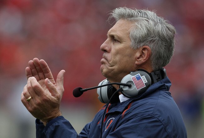 CHAMPAIGN, IL - OCTOBER 02: Head coach Ron Zook of the Illinois Fighting Illini watches as his team takes on the Ohio State Buckeyes at Memorial Stadium on October 2, 2010 in Champaign, Illinois. Ohio State defeated Illinois 24-13. (Photo by Jonathan Daniel/Getty Images)