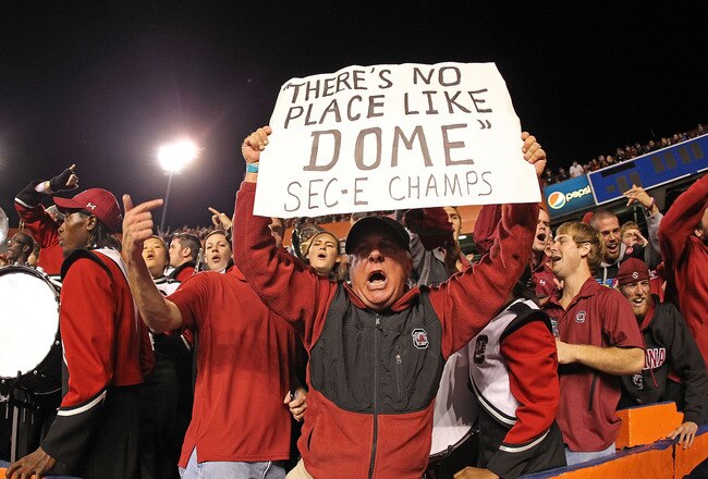GAINESVILLE, FL - NOVEMBER 13:  A South Carolina Gamecocks fan holds a sign claiming the SEC East Champions during a game against the Florida Gators at Ben Hill Griffin Stadium on November 13, 2010 in Gainesville, Florida. The Gamecocks beat the Gators 36-14.  (Photo by Mike Ehrmann/Getty Images)