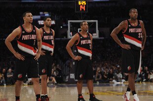 LOS ANGELES, CA - NOVEMBER 07:  Brandon Roy #7, Nicolas Batum #88, Andre Miller #24 and Marcus Camby #23 of the Portland Trail Blazers watch a Los Angeles Lakers freethrow during the first half at the Staples Center on November 7, 2010 in Los Angeles, California.  NOTE TO USER: User expressly acknowledges and agrees that, by downloading and/or using this photograph, User is consenting to the terms and conditions of the Getty Images License Agreement.  (Photo by Harry How/Getty Images)