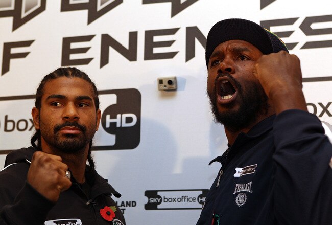 MANCHESTER, ENGLAND - NOVEMBER 10:  David Haye and Audley Harrison go head to head during a press conference ahead of their WBA Heavyweight Title fight at the Radisson Hotel on November 10, 2010 in Manchester, England.  (Photo by Alex Livesey/Getty Images)