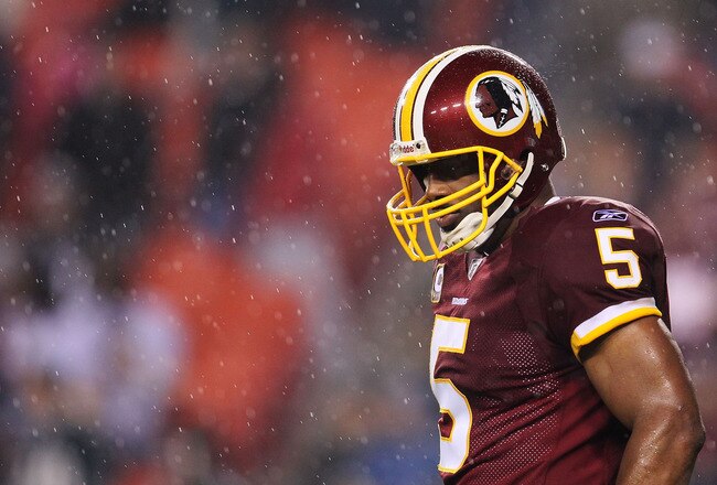 LANDOVER, MD - NOVEMBER 15:  Donovan McNabb #5 of the Washington Redskins waits for play to resume in the fourth quarter against the Philadelphia Eagles on November 15, 2010 at FedExField in Landover, Maryland.  (Photo by Chris McGrath/Getty Images)