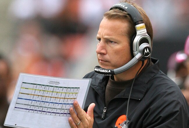 CLEVELAND - OCTOBER 03:  Head coach Eric Mangini of the Cleveland Browns claps his hands during their game against the Cincinnati Bengals at Cleveland Browns Stadium on October 3, 2010 in Cleveland, Ohio.  (Photo by Matt Sullivan/Getty Images)