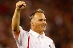 ATHENS, GA - SEPTEMBER 12:  Head coach Mark Richt of the Georgia Bulldogs celebrates after a blocked extra point attempt by the South Carolina Gamecocks at Sanford Stadium on September 12, 2009 in Athens, Georgia.  (Photo by Kevin C. Cox/Getty Images)