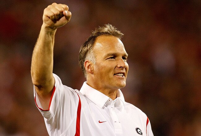 ATHENS, GA - SEPTEMBER 12:  Head coach Mark Richt of the Georgia Bulldogs celebrates after a blocked extra point attempt by the South Carolina Gamecocks at Sanford Stadium on September 12, 2009 in Athens, Georgia.  (Photo by Kevin C. Cox/Getty Images)
