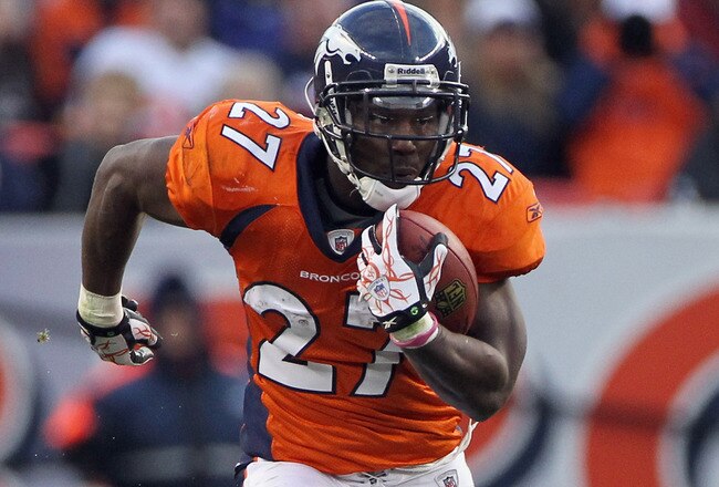 DENVER - NOVEMBER 14:  Running back Knowshon Moreno #27 of the Denver Broncos rushes against the Kansas City Chiefs at INVESCO Field at Mile High on November 14, 2010 in Denver, Colorado. The Broncos defeated the Chiefs 49-29.  (Photo by Doug Pensinger/Getty Images)