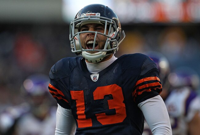 CHICAGO - NOVEMBER 14: Johnny Knox #13 of the Chicago Bears celebrates a first down catch against the Minnesota Vikings at Soldier Field on November 14, 2010 in Chicago, Illinois. The Bears defeated the Vikings 27-13. (Photo by Jonathan Daniel/Getty Images)