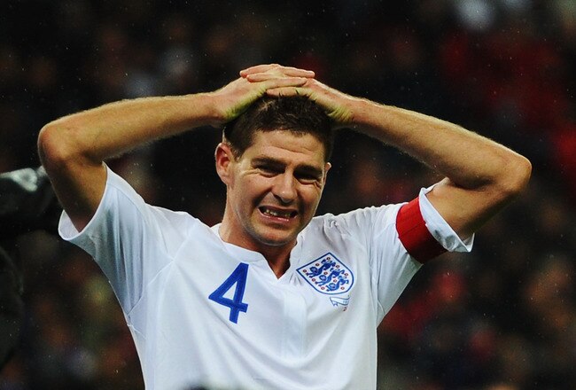LONDON, ENGLAND - NOVEMBER 17:  Steven Gerrard of England reacts during the international friendly match between England and France at Wembley Stadium on November 17, 2010 in London, England.  (Photo by Mike Hewitt/Getty Images)