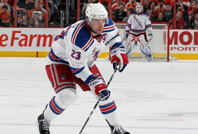 PHILADELPHIA - APRIL 11:  Chris Drury #23 of the New York Rangers skates against the Philadelphia Flyers on April 11, 2010 at Wachovia Center in Philadelphia, Pennsylvania. The Flyers defeated the Rangers 2-1 after a shootout. The victory clinched a playoff berth for Philadelphia.  (Photo by Jim McIsaac/Getty Images)
