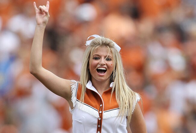 AUSTIN, TX - SEPTEMBER 25:  A Texas Longhorns cheerleader at Darrell K Royal-Texas Memorial Stadium on September 25, 2010 in Austin, Texas.  (Photo by Ronald Martinez/Getty Images)