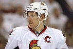 PITTSBURGH - APRIL 14:  Daniel Alfredsson #11 of the Ottawa Senators skates against the Pittsburgh Penguins in Game One of the Eastern Conference Quarterfinals during the 2010 NHL Stanley Cup Playoffs at Mellon Arena on April 14, 2010 in Pittsburgh, Pennsylvania.  The Senators defeated the Penguins 5-4.  (Photo by Justin K. Aller/Getty Images)