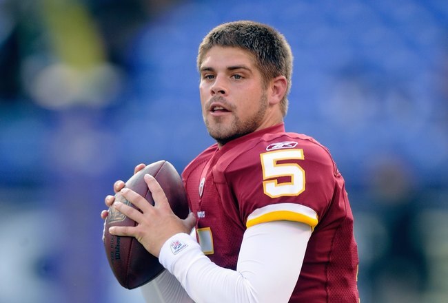 BALTIMORE, MD - AUGUST 13:  Colt Brennan #5 of the Washington Redskins during warm ups of aa NFL preseason football game against the Baltimore Ravens on August 13, 2009 at M & T Bank Stadium in Baltimore, Maryland.   (Photo by Mitchell Layton/Getty Images)